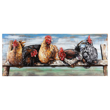 "Chickens" Handed Painted Iron Wall Sculpture on Wooden Wall Art