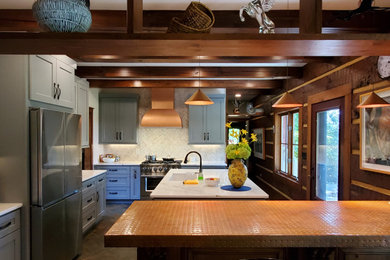 Enclosed kitchen - large modern l-shaped ceramic tile, brown floor and coffered ceiling enclosed kitchen idea in Other with an undermount sink, shaker cabinets, gray cabinets, quartzite countertops, white backsplash, ceramic backsplash, stainless steel appliances, an island and white countertops