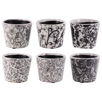 Floral Design Terracotta Pot, Craquelure Gloss Finish, 6-Piece Set, Black/White
