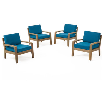 Monterey Outdoor Acacia Wood Club Chairs With Cushions, Set of 4, Gray Finish and Dark Teal