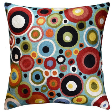 Polka Dots Bubbles Turquoise Decorative Pillow Cover HandEmbroidered Wool 18x18"