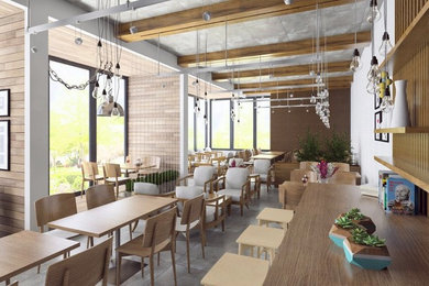 Cette image montre une salle à manger ouverte sur le salon design de taille moyenne avec un mur marron et un sol en carrelage de céramique.