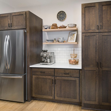 Urban Contemporary Dark Wood Kitchen | White Quartz, Subway Tile & Open Shelving