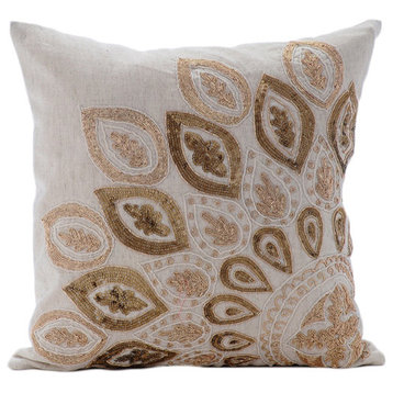 Beige Cotton Linen 24"x24" Zardozi Sequins Ethnic Pillow Shams, Gold Charm
