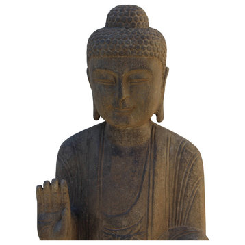 Chinese Gray Stone Carved Standing Abhaya Mudra Buddha Statue Hcs4774