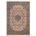 Bareens Designer Rugs - Barsat Pak Persian Renita Ivory/Green Wool Rug - 9'1'' x 12'0'' - Designed with mesmerizing intricacy and gorgeous color palette, this hand-knotted masterpiece demonstrates the beauty and electrifying thrill of Pak Persian art. These meticulously hand-knotted Pak-Persian rug is made with pure wool and features breathtaking traditional, transitional, and tribal designs in bold luxurious color pallets. Known for their intricate designs these rugs are a reproduction of Persian rugs, made in Pakistan with unique Mughal designs. Made by master weavers using the same Persian texture, design and dying technique, we wanted to produce the most significant manifestation of Persian art, life, and culture. This rug is most famous for its exceptional quality, incredible designs, patterns, and vibrant rich color. Pak-Persian rugs made with Persian weave with high knot counts, which enables the high intricacy and detail found in the patterns are also referred to as "State of art", each color adds a rich beautiful detail in the artwork of this rug. The design, color, and beautiful chromatic composition with a vibrant sheen with intricate designs, exude beauty, elegance, and quality make this rug a masterpiece of its own.