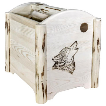 Montana Woodworks Wood Magazine Rack with Engraved Wolf Design in Natural