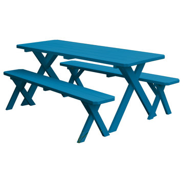 Pine Cross-Leg Picnic Table With 2 Benches, Caribbean Blue, 8', 2 Benches