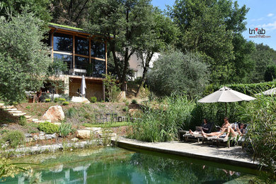 Idées déco pour une piscine naturelle et avant méditerranéenne de taille moyenne et sur mesure avec une terrasse en bois.