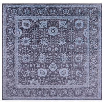 Grey 9' Square Persian Tabriz Hand Knotted Wool & Silk Rug - Q20118