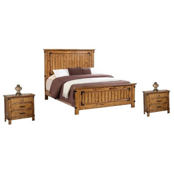 3 Piece Cabin Wood Full Bed and Night Stand Set in Natural Brown