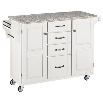Spacious Kitchen Cart, Hardwood Frame With Salt/Pepper Granite Top, Off White