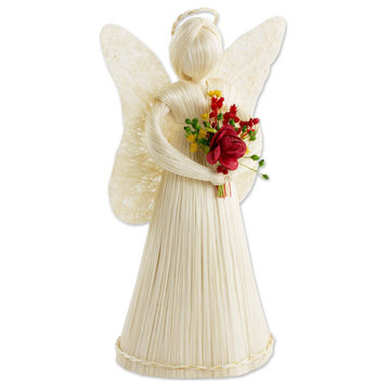 NOVICA Angel With Flowers And Natural Fiber Sculpture