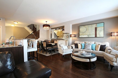 Mid-sized elegant formal and open concept dark wood floor living room photo in Ottawa with gray walls and a wall-mounted tv