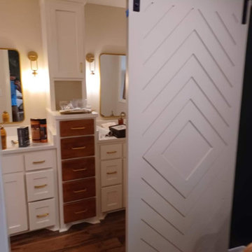 Custom Double Vanity with Two-Tone Storage Tower & Sliding Barn Door