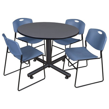 Kobe 48" Round Breakroom Table, Gray and 4 Zeng Stack Chairs, Blue