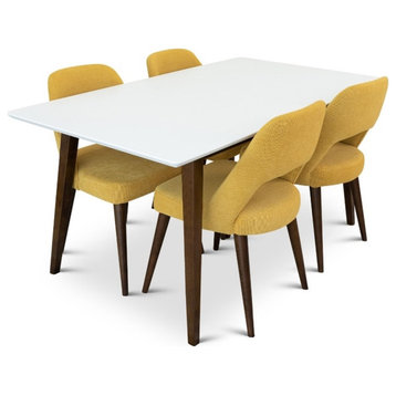 Dania 5-Piece Mid-Century Dining Set w/ 4 Fabric Dining Chairs in Yellow