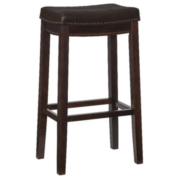 Linon Claridge Backless Bar Stool Brown Faux Leather Wood Frame in Brown Finish