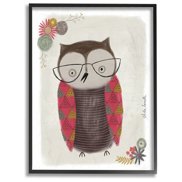 Cute Nerdy Owl Illustration Framed Giclee Texturized Art, 11x14