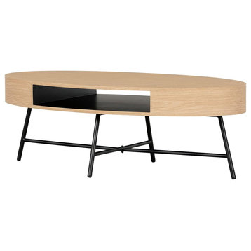 Modern Coffee Table, Oval Top With Metal Legs & Open Compartment, Natural Acacia, Pale Oak