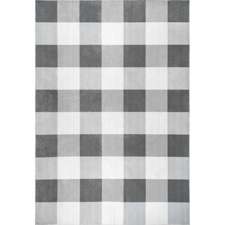 Nuloom Lucy Machine Washable Farmhouse Buffalo Plaid Area Rug, Grey 6'x9'