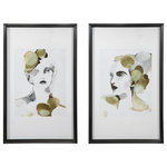 Uttermost - Uttermost Organic Portrait 20 x 40" Framed Prints Set of 2, Matte Black - Set Of Two Modern, Statement Art Pieces Showcase Watercolor Style Portraits With Shades Of Sage Green, Sepia, And Charcoal. Each Print Is Accented By A Simple White Mat With A Matte Black Frame And Is Placed Under Glass. Artwork By Victoria Borges.