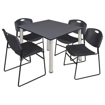 Kee 48" Square Breakroom Table- Grey/ Chrome & 4 Zeng Stack Chairs- Black