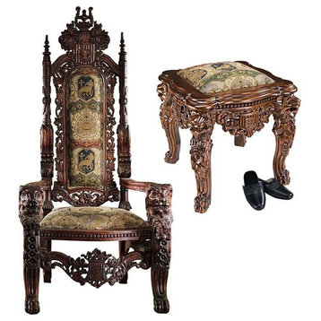 86lbs. European Lord Raffles Gothic Gold Throne and Ottoman Set
