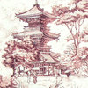 Pink Maroon Pagoda Toile Fabric Mid Century Asian Tea House Material, Standard Cut- 24" Length