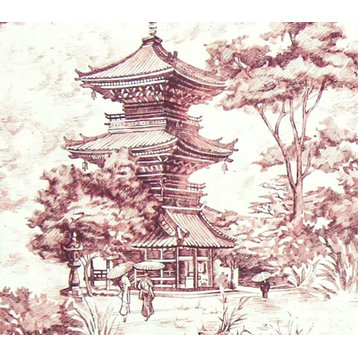 Pink Maroon Pagoda Toile Fabric Mid Century Asian Tea House Material, Standard Cut- 24" Length