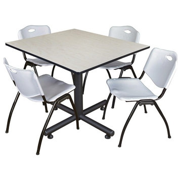 Kobe 48" Square Breakroom Table, Maple and 4 'M' Stack Chairs, Gray
