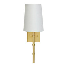 Sconce With Bamboo Detail and White Linen Shade, Gold
