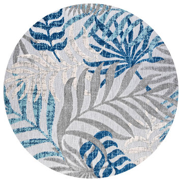 Tropics Palm Leaves Indoor/Outdoor Area Rug, Gray/Blue, 6' Round