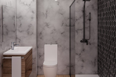 Ejemplo de cuarto de baño principal, único, flotante y blanco y madera actual de tamaño medio con puertas de armario de madera oscura, ducha a ras de suelo, baldosas y/o azulejos de mármol, imitación a madera, lavabo encastrado, suelo marrón, ducha con puerta corredera y cuarto de baño