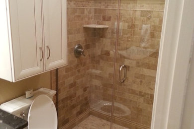 Bathroom - small transitional kids' beige tile and stone tile limestone floor bathroom idea in St Louis with raised-panel cabinets, white cabinets, granite countertops and beige walls