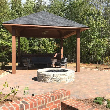 Large patio with gas fire pit and pavilion