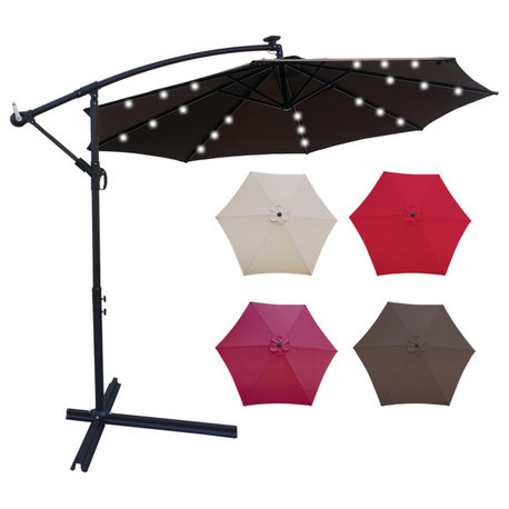 10' Steel Patio Umbrella Outdoor Market With Crank and LED Lights, Chocolate