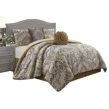 Amelia Floral Jacquard 6-Piece Bedding Comforter Set, Grey/Yellow, Queen