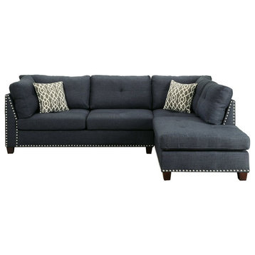 Acme Laurissa Sectional Sofa and Ottoman 2 Pillows Dark Blue Linen