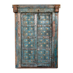 Consigned 19c Antique Indian Door Teak Wood Blue Haveli Doors