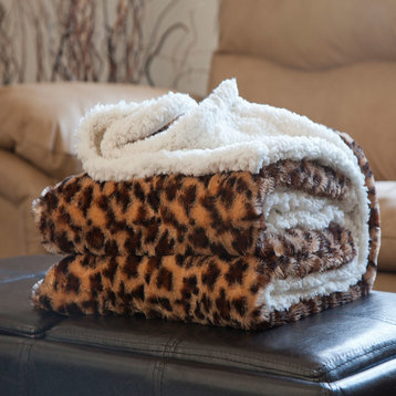 Animal Print Fleece Sherpa Blanket Throw, Leopard