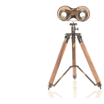 8" X 8" X 11" Wood Brass Binocular On Stand