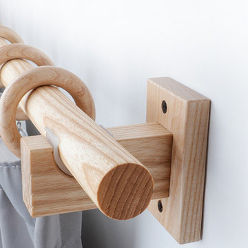 QYT05 1-1/8" Ash Wood Square bracket Single Double Curtain Rod Sets