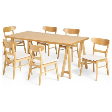 7 Pieces Dining Set, Large Table & Comfy Padded Chairs, Light Beige/Natural Oak