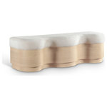 Meridian Furniture - Savoy Upholstered Bench, Cream, Velour Fur Fabric, Natural Finish - The bold and artistic Savoy cream velour fur fabric upholstered bench brings a unique wave-like design to your space. Plush velour fur fabric atop creates a soft, luxurious seating experience, while the sculptural wooden base in a natural finish adds a playful yet sophisticated touch. Perfect for those seeking to make a statement, it blends form and function, offering comfort and style in one eye-catching piece.
