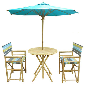 Bamboo Patio Set Of 2 Pottery Director Chairs And Round Table, Matching Umbrella