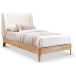 Meridian Furniture - Ventura Upholstered Bed, Cream, Twin - Bestow midcentury modern charm to your bedroom retreat with this lovely Ventura fabric bed. A winged headboard adds an elegant touch to the design of this handsome bed, and upholstery in a soft neutral cream color makes it easy to integrate the bed with other furnishings. Solid wood legs in a natural finish form a contrast that enhances the bed's overall aesthetic. This is a twin-slatted bed, so use it with or without a box spring as desired.