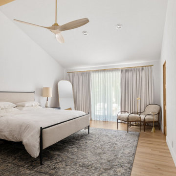 Bedroom, vaulted ceiling, fan — 90s Fixer, Reno interior design by Find Design