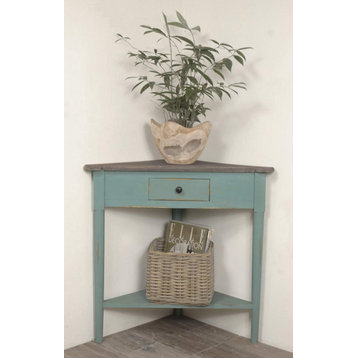 Corner End Table, Solid Mahogany Frame With Small Storage Drawer, Beach Blue