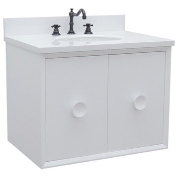 31" Single Wall Mount Vanity, White Finish With White Quartz Top And Oval Sink